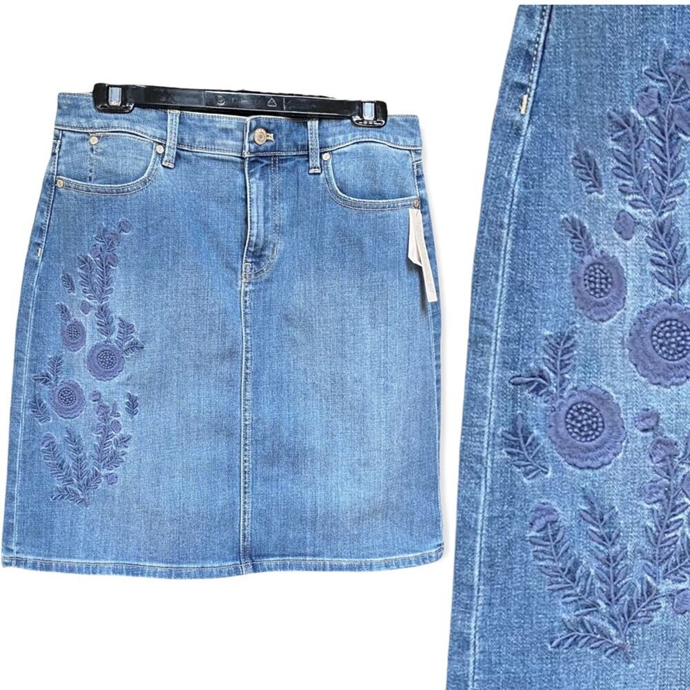 Talbots Blue Denim Mini Skirt with Embroidered Floral Design